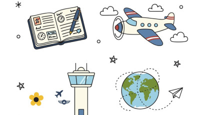 Cartoon showing passport, planes and travel