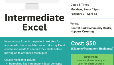 Intermediate Excel course at Hoppers Crossing