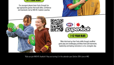 kids are holding a green AFL ball and smiling to each other