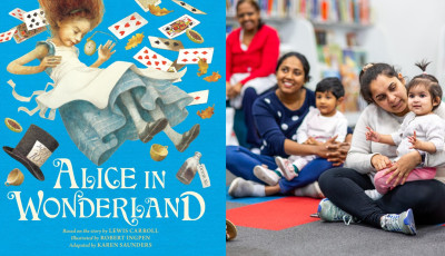 Picture book cover of Alice in Wonderland, next to a photo of families sitting on the floor in the library.