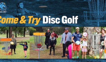 three pictures of kids and adults standing by disc golf baskets