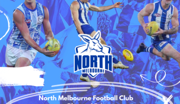 a flyer with Footy players in blue and white shirts