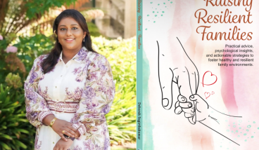 A photo of Author Deborah Sugirthakumar and the book cover for Raising Resilient Families.
