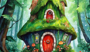 Drawing of a house in a forest
